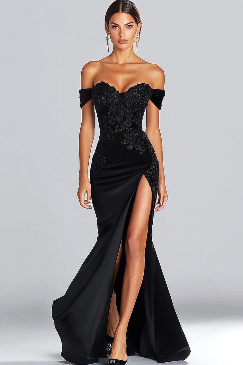 Off the Shoulder Appliqued Long Satin Black Tie Gala Dress with Slit