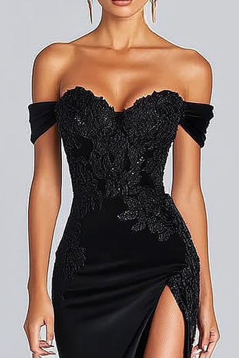 Off the Shoulder Appliqued Long Satin Black Tie Gala Dress with Slit