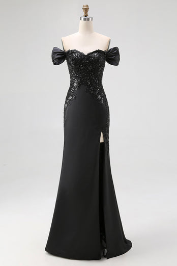 Off the Shoulder Appliqued Long Satin Black Tie Gala Dress with Slit