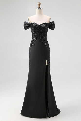 Women Satin Mermaid Sweetheart Long Formal Dress with Slit Off the Shoulder Black Tie Gala Dress with Lace
