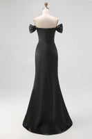 Load image into Gallery viewer, Satin Off the Shoulder Appliqued Long Black Tie Gala Dress with Slit