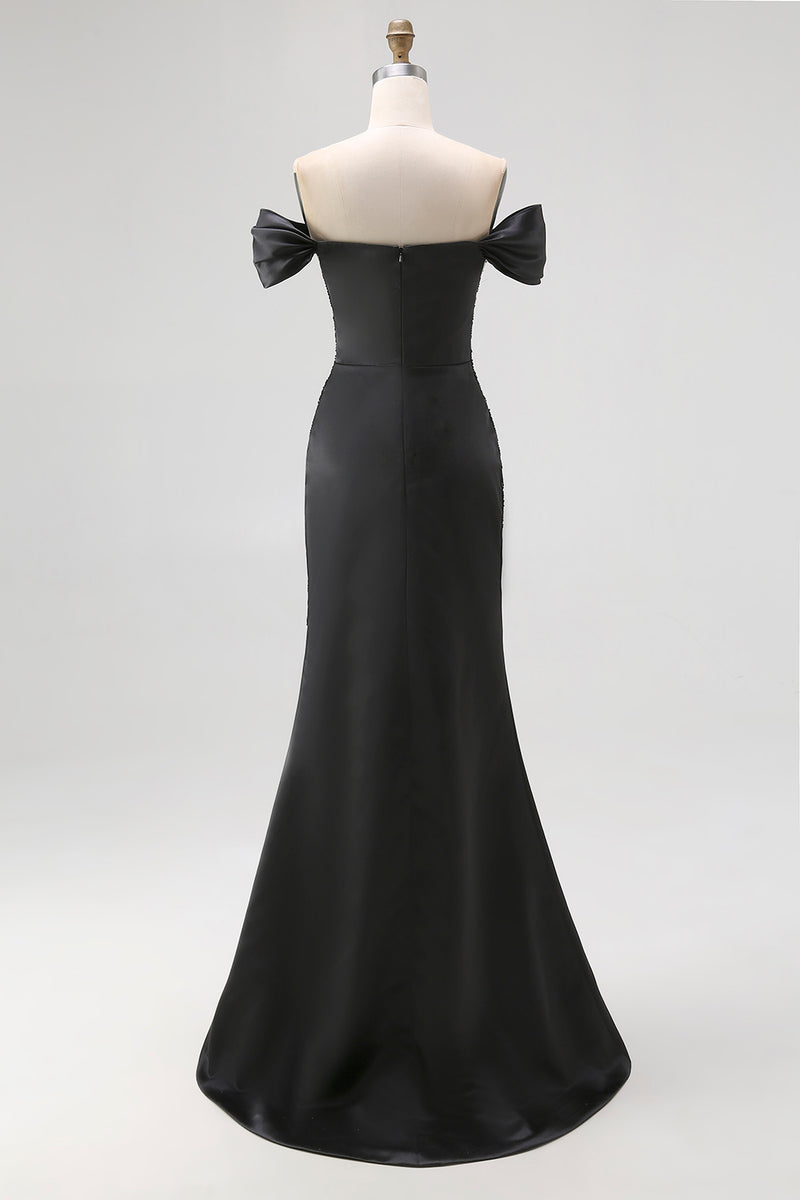 Load image into Gallery viewer, Off the Shoulder Appliqued Long Satin Black Tie Gala Dress with Slit