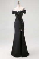 Load image into Gallery viewer, Satin Off the Shoulder Appliqued Long Black Tie Gala Dress with Slit