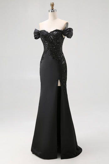 Satin Off the Shoulder Appliqued Long Black Tie Gala Dress with Slit