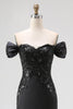 Load image into Gallery viewer, Satin Off the Shoulder Appliqued Long Black Tie Gala Dress with Slit