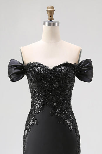 Satin Off the Shoulder Appliqued Long Black Tie Gala Dress with Slit
