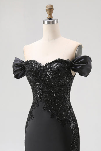 Satin Off the Shoulder Appliqued Long Black Tie Gala Dress with Slit
