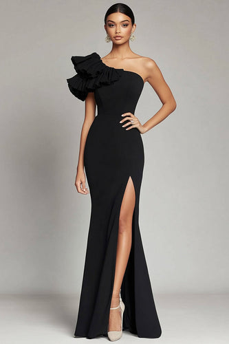 One Shoulder Ruffled Long Satin Black Tie Gala Dress with Slit