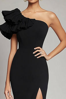 One Shoulder Ruffled Long Satin Black Tie Gala Dress with Slit