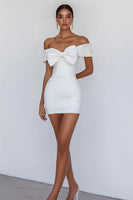 Load image into Gallery viewer, White Sheath Satin Off the Shoulder Mini Graduation Dress with Bowknot