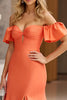 Load image into Gallery viewer, Orange Sheath Satin Off the Shoulder Prom Dress with Slit