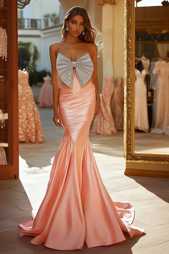 Pink Mermaid Satin Backless Prom Dress with Bow