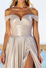 Load image into Gallery viewer, Metallic Silver A Line Off the Shoulder Prom Dress with Slit