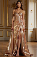 Load image into Gallery viewer, Champagne A Line Satin Sweetheart Prom Dress with Slit