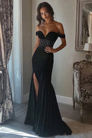 Load image into Gallery viewer, Sparkly Black Mermaid Satin Long Prom Dress with Slit