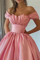 Load image into Gallery viewer, Pink A Line Satin Off the Shoulder Long Prom Dress