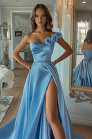 Load image into Gallery viewer, Sky Blue A Line Satin One Shoulder Long Prom Dress with Slit
