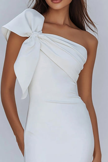 White Sheath Satin One Shoulder Graduation Dress with Bow