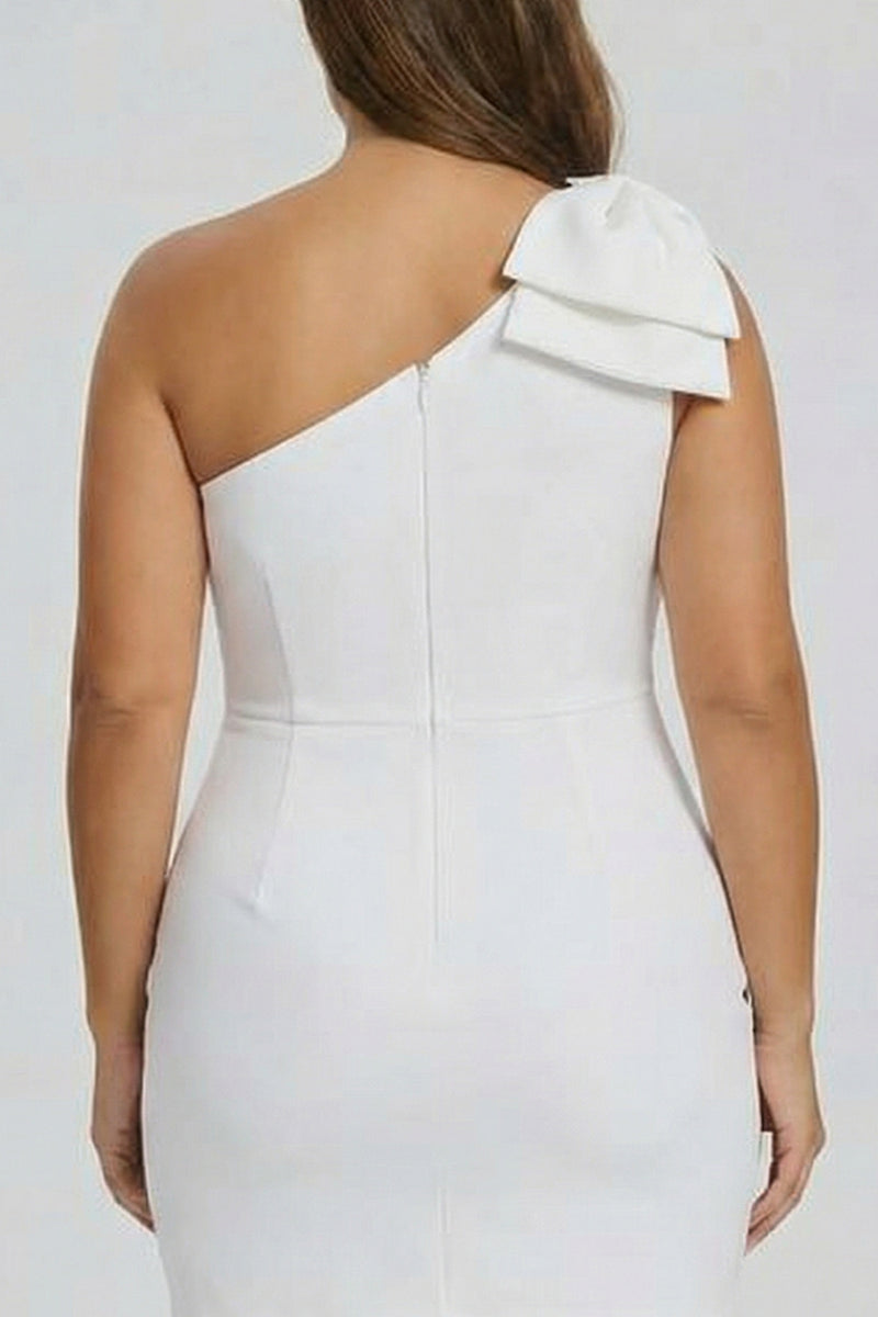 Load image into Gallery viewer, Plus Size White Satin One Shoulder Short Dress with Bow