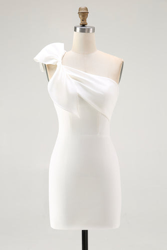 One Shoulder Satin Mini White Dress with Bow