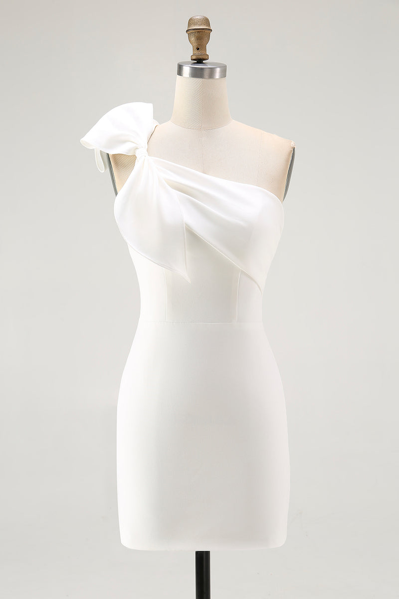 Load image into Gallery viewer, One Shoulder Satin Mini White Dress with Bow