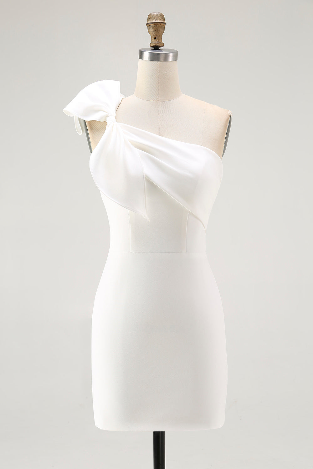 One Shoulder Satin Mini White Dress with Bow