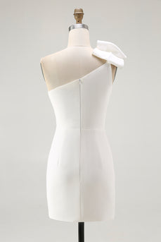 One Shoulder Satin Mini White Dress with Bow