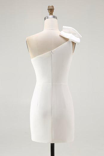 One Shoulder Satin Mini White Dress with Bow