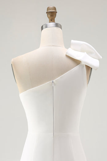 One Shoulder Satin Mini White Dress with Bow