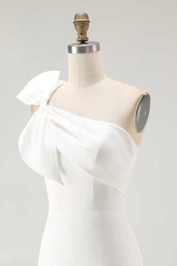 One Shoulder Satin Mini White Dress with Bow