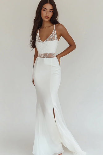 White Mermaid Satin V-Neck Engagement Dress with Slit