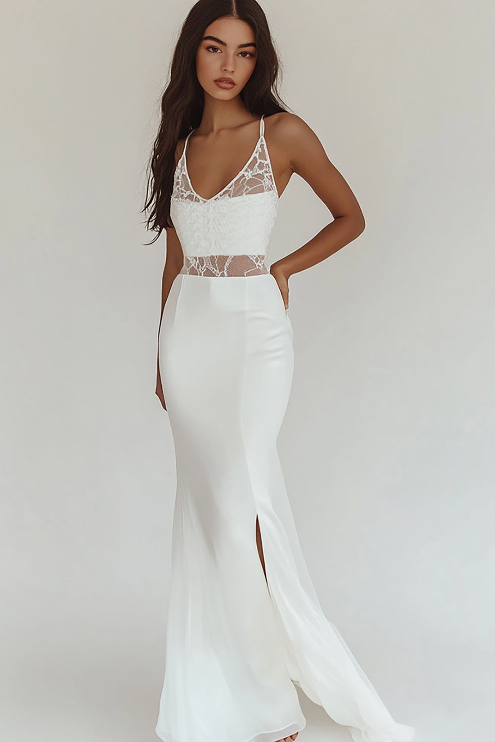 White Mermaid Satin V-Neck Engagement Dress with Slit