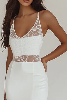 White Mermaid Satin V-Neck Engagement Dress with Slit