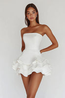 Load image into Gallery viewer, Women White A Line Satin Graduation Dress Strapless Ruffled Backless Little White Dress