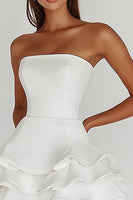 Load image into Gallery viewer, Satin White A Line Strapless Bridal Shower Dress with Ruffles