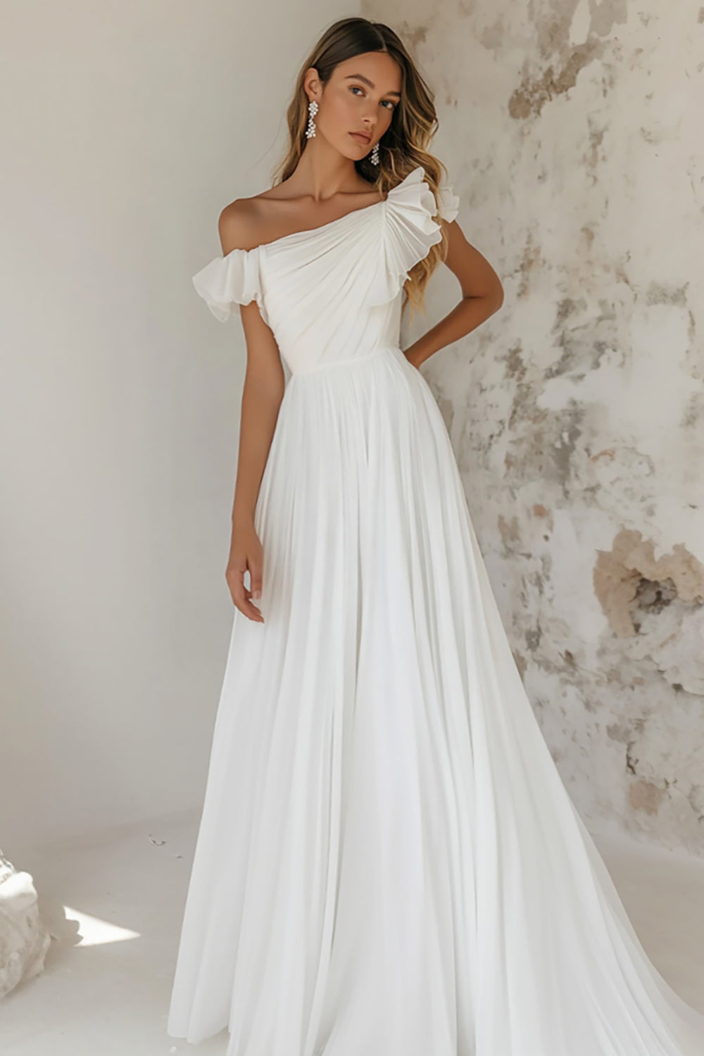 Elegant White Tulle A Line Engagement Dress with Ruffles