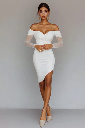 White Satin Bodycon Off the Shoulder Graduation Dress