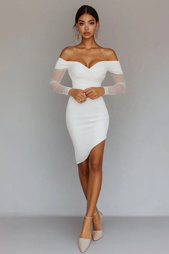 White Satin Bodycon Off the Shoulder Graduation Dress