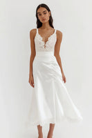 Load image into Gallery viewer, White Satin A Line Engagement Dress with Lace Appliques