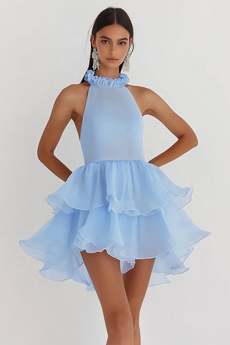 Sky Blue Tulle A Line Halter Backless Graduation Dress
