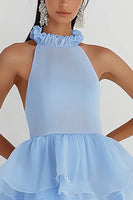 Load image into Gallery viewer, Sky Blue Tulle A Line Halter Backless Graduation Dress