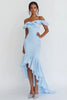 Load image into Gallery viewer, Sky Blue High-Low Satin Off the Shoulder Engagement Dress with Ruffles