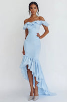 Load image into Gallery viewer, Sky Blue High-Low Satin Off the Shoulder Engagement Dress with Ruffles