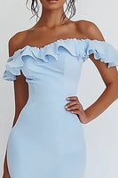 Load image into Gallery viewer, Sky Blue High-Low Satin Off the Shoulder Engagement Dress with Ruffles