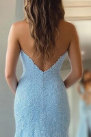 Load image into Gallery viewer, Sky Blue Mermaid Chiffon Sweetheart Long Prom Dress with Slit