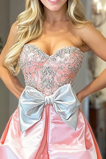 Pink A Line Satin Sweetheart Long Prom Dress with Bow
