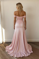 Load image into Gallery viewer, Pink A Line Satin Off the Shoulder Maxi Prom Dress with Appliques