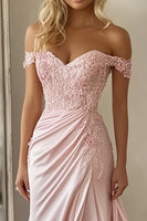 Load image into Gallery viewer, Pink A Line Satin Off the Shoulder Maxi Prom Dress with Appliques