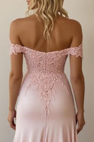 Load image into Gallery viewer, Pink A Line Satin Off the Shoulder Maxi Prom Dress with Appliques