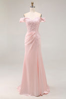 Load image into Gallery viewer, Pink A Line Satin Off the Shoulder Maxi Prom Dress with Appliques